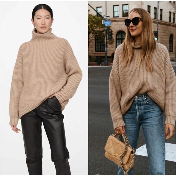 Anine Bing Sweater Womens Medium Tan Sydney Turtleneck Alpaca Sweater Camel Tan - Picture 1 of 11